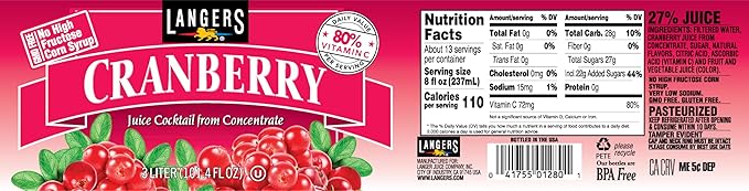 Langers Cranberry Variety Pack Cocktail Raspberry Pineapple Mango 101.4 Fl Oz (Pack of 4)