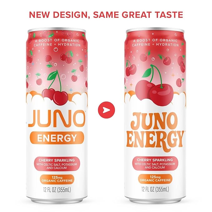JUNO ENERGY Organic Cherry Sparkling Energy Drink - Sugar Free Energizing and Hydrating with 125mg Organic Caffeine from Green Coffee Beans Stevia Organic Sour and Black Cherry Juice &amp Electrol