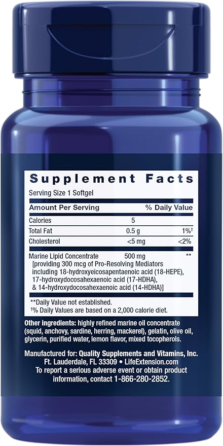 Life Extension Pro-Resolving Mediators 18-HEPE 17-HDHA 14-HDHA Supports The Body’s Natural Post-inflammatory Response Gluten Free Non-GMO 30 softgels