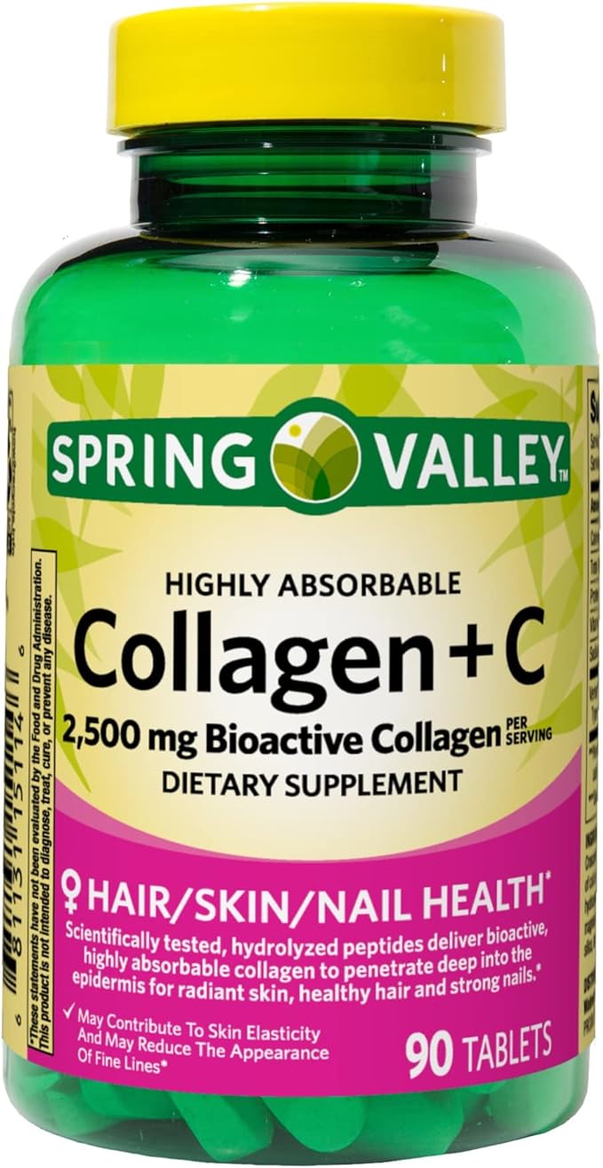 Spring Valley Collagen + C Tablets for Hair/Skin/Nail Health 2500 mg 90 Count Highly Absorbable Collagen Plus Vitamin C Bundle with Luall's 45 Diabetes Decoded
