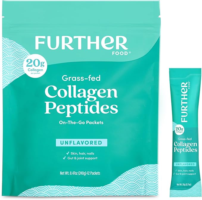 Further Food Unflavored Collagen Peptides Powder - 100% Grass-Fed Hydrolyzed Type 1 &amp 3 20g of Collagen per Serving Supports Skin Hair Nails &amp Joints Stick Packs 8.47 Oz