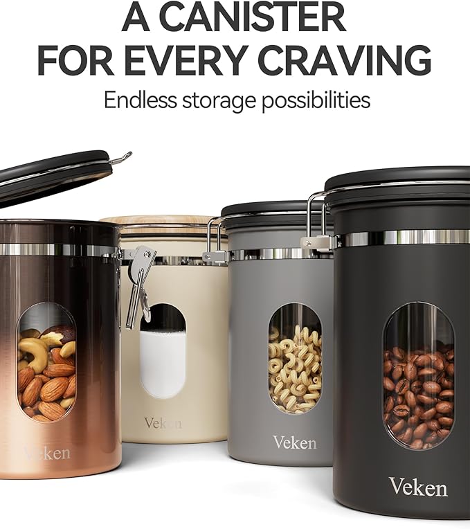 Veken Coffee Canister with WindowAirtight Stainless Steel Kitchen Food Storage Container Date Tracker &amp Scoop for Grounds Coffee Beans Tea Flour CerealSugar22OZGrey