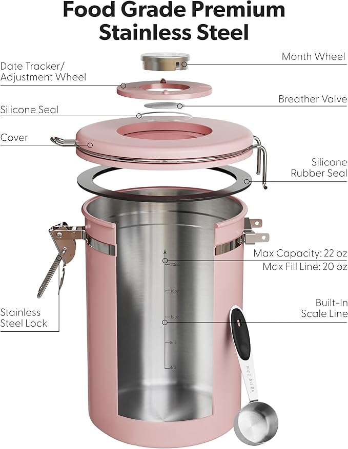 Veken Coffee Canister with Window Easter Gifts Airtight Stainless Steel Container with Lids Home Kitchen Food Storage Jars for Grounds Beans Tea Flour Cereal Sugar Basket Scoop 22OZ Pink