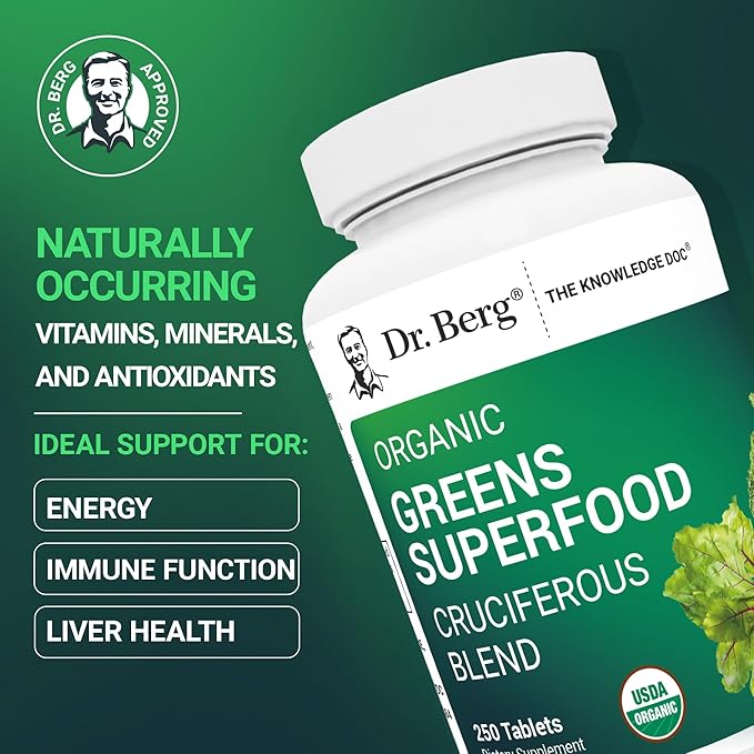 Dr. Berg's Greens Superfood Cruciferous Vegetable Tablets - Vegetable Supplements for Adults w/ 11 Phytonutrient Super Greens Tablets - Energy Immune System &amp Liver Veggie Tablets - 250 Tablets
