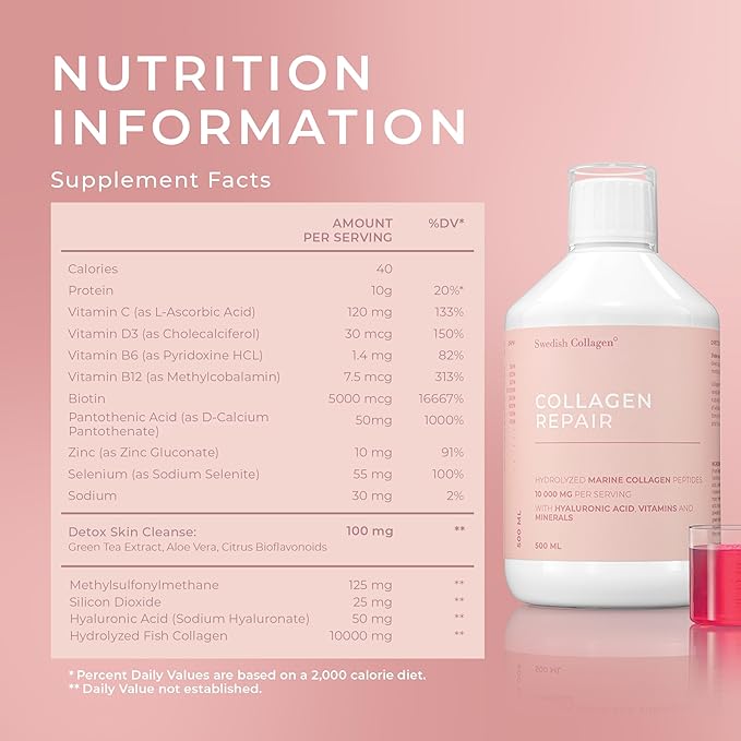 Swedish Collagen Repair | 10000 mg Hydrolyzed Marine Collagen Liquid Supplement - 500 ml 20 Day Supply I Hyaluronic Acid Biotin &amp Vitamin C for Healthy Hair Skin Nails &amp Joints | Sugar-Fr