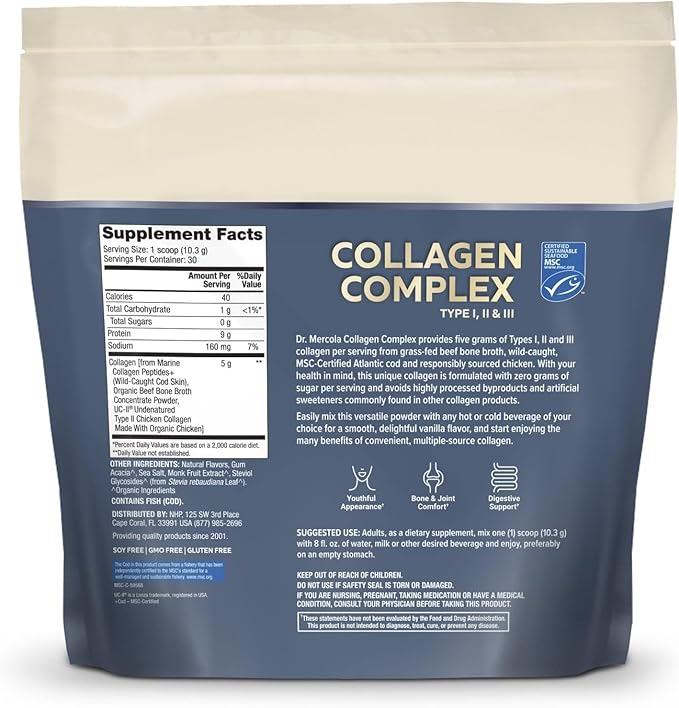 Dr. Mercola Collagen Complex Powder - Supports Skin Elasticity &amp Tissue Health - Multi-Source Collagen Types I II &amp III - Non-GMO Gluten-Free &amp Soy-Free - 10.89 oz (30 Servings) - Vanill