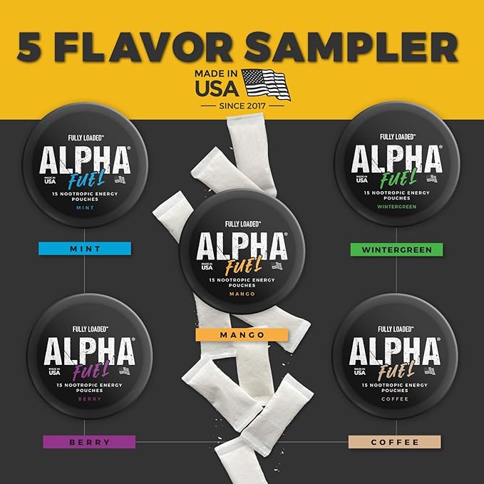 Fully Loaded Alpha Fuel Nootropic Pouches (Variety Fuel) - 5 cans - 15 Pouches per can - Nootropic Energy Pouches with Caffeine Alpha GPC Tyrosine Taurine Guarana and More