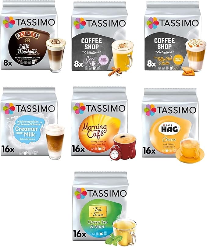 Tassimo Coffee Tea Chocolate Pods. Pick Any 3 Packs from 50+ Blends Including Kenco Costa Jacobs Hot Chocolate Chai latte Baileys Cadbury Milka Oreo Cafe Hag and More.
