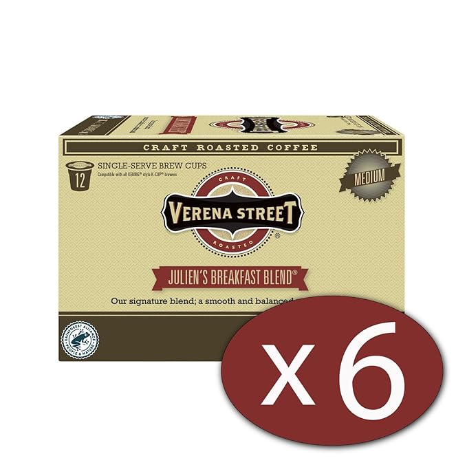 Verena Street Single Cup Pods (72 Count) Medium Roast Coffee Julien's Breakfast Blend Rainforest Alliance Certified Arabica Coffee