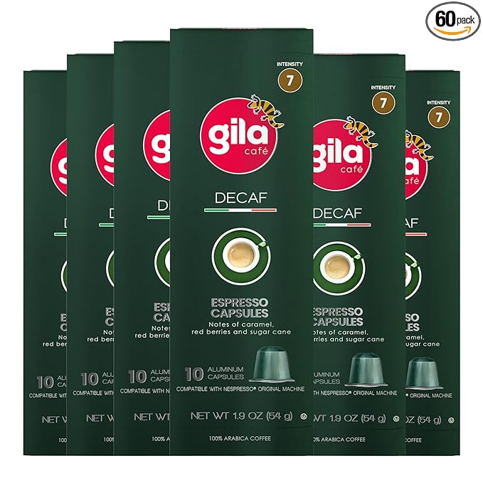 GILA Café Decaf Aluminum Coffee Capsules – Dark Roast Espresso Pods Compatible with Nespresso Original Machines – 100% Arabica Naturally Water-Processed 60 Count