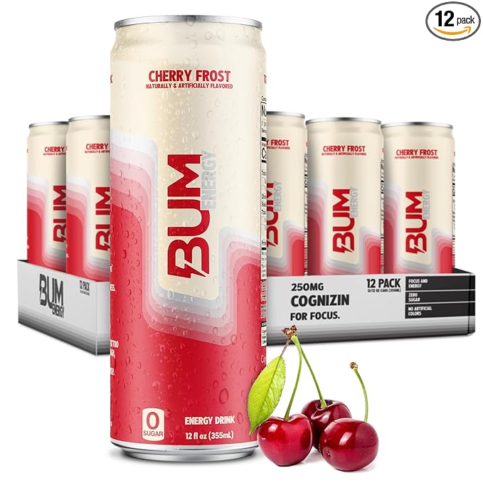 BUM Sugar-Free Energy Drink Cherry Frost - Lightly Carbonated &amp No Artificial Colors Natural Caffeine &amp Citicoline for Energy &amp Focus Brain Boost &amp Workout Sports Beverage - 12 oz
