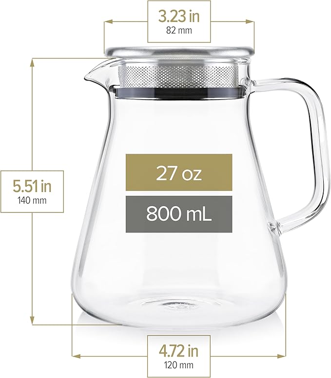 Teabloom One-Touch Tea Maker 2-in-1 Teapot and Kettle with Stainless Steel Filter Lid for Loose Tea – Stain-Free Borosilicate Glass Teapot (27 Oz) – Tea Connoisseur's Choice