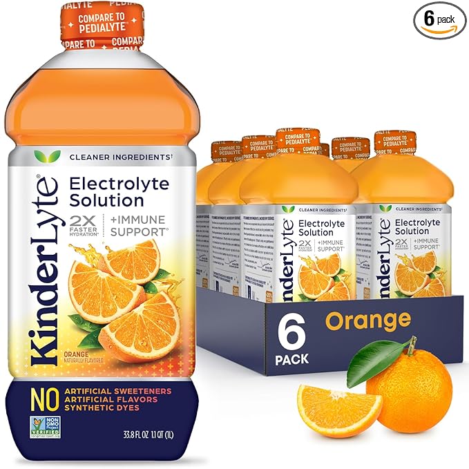 Kinderlyte Electrolyte Solution 2X Faster Hydration vs. Water Alone No Artificial Sweeteners or Flavors No Synthetic Dyes Orange for Kids and Adults 33.8 fl oz (Pack of 6)