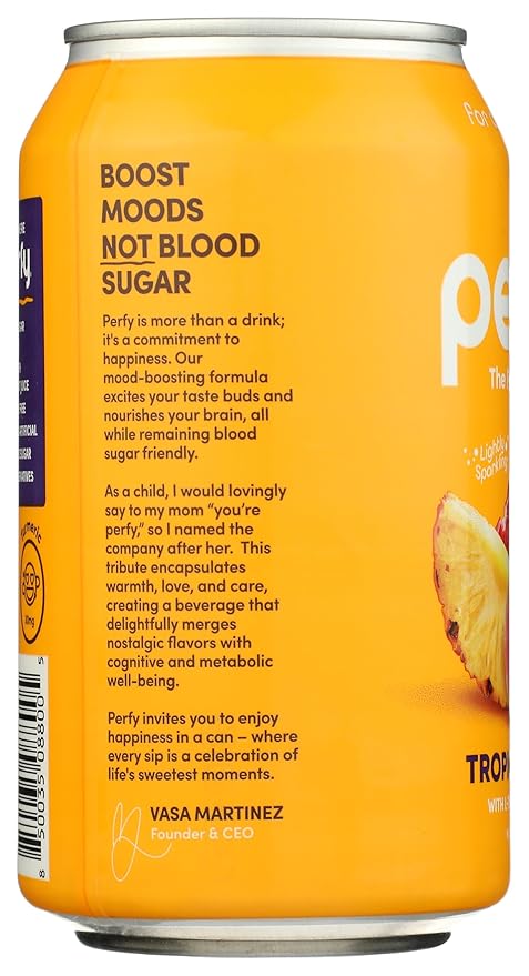 PERFY Soda Superfood Nootropic Soft Drink | Low Sugar Low Carb Gluten Free Caffeine Free Keto Soda | All Natural Soft Drink Made With Real Fruit Juice L-theanine &amp turmeric | 12 Pack (Tropica
