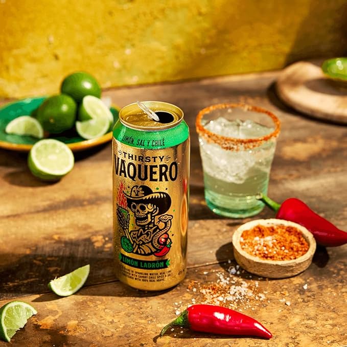 Thirsty Vaquero Lime Salt &amp Chile Flavored soda (Limon Ladron) Mexican-inspired soda Real Fruit Juice &amp Savory Spices Made with Organic Agave Low Calorie Natural Juice 16 oz Cans 12-P