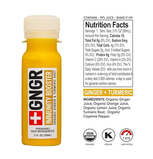 +GNGR 12 Shots Variety Pack of Organic Ginger Shots. Cold Pressed Preservative free. Ginger Juice Turmeric Root Lemon &amp Orange Juice Caynne Pepper. 2fl oz (Pack of 12)