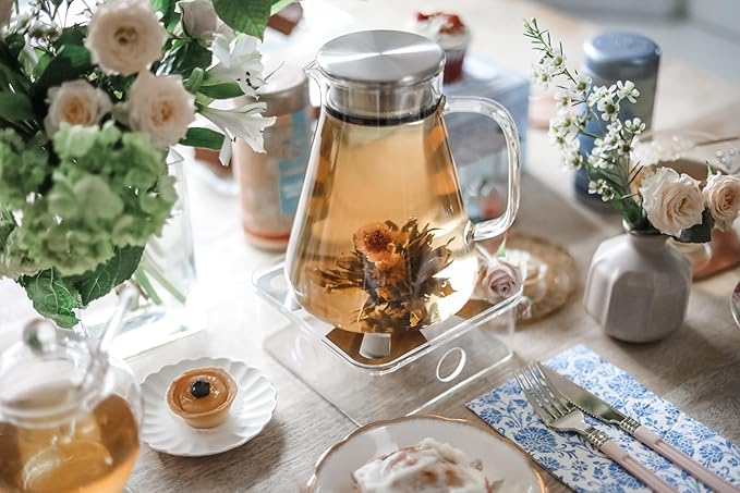 Teabloom One-Touch Tea Maker 2-in-1 Teapot and Kettle with Stainless Steel Filter Lid for Loose Tea – Stain-Free Borosilicate Glass Teapot (40 Oz) – Tea Connoisseur's Choice