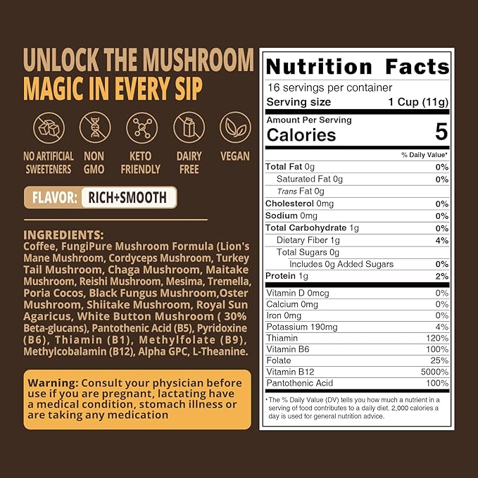 Mushroom Coffee K Cup – Focus &amp Gut-Health with 14-Mushrooms Vitamins L-Theanine and Alpha GPC Single Serve Pods - No Crash or Jitters 16 Count