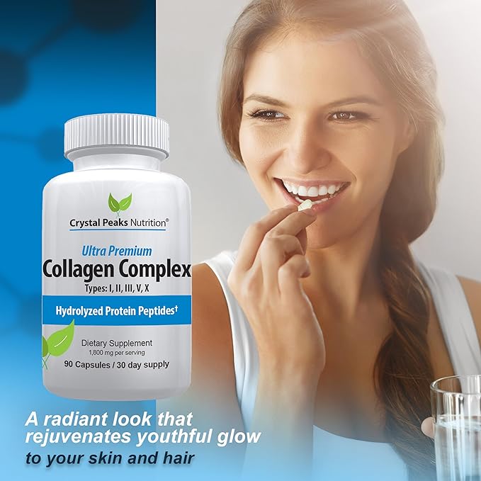 Collagen Peptide Pill - Types I II III V X - Anti-Aging - Premium Collagen Supplements &amp Collagen Pills - Hydrolyzed Protein Pills for Women &amp Men 1800 mg for Youthful Skin