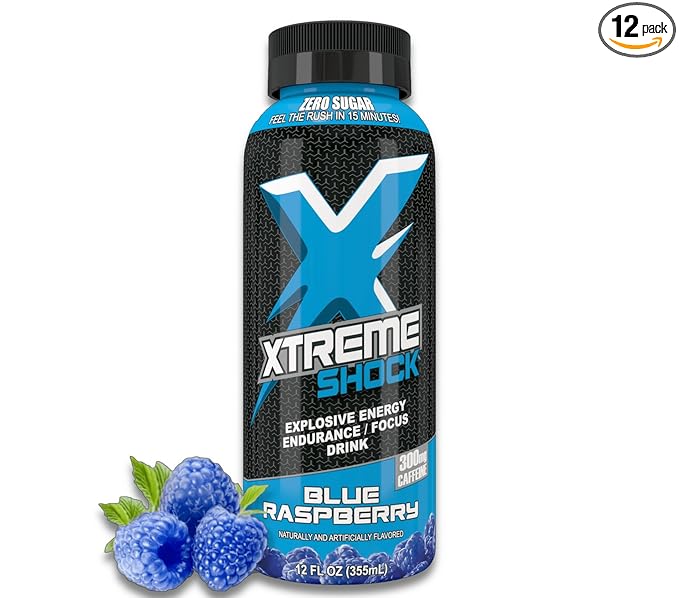 Xtreme Shock RTD Pre-Workout Energy Drink Blue Raspberry 12 Fl Oz (Pack of 12)