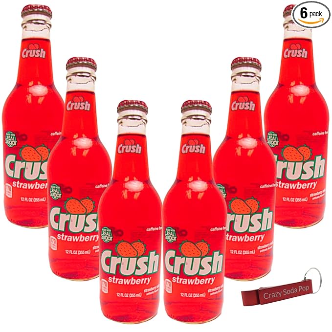 Crush Strawberry Soda | One of Crush’s Popular Soda Flavors | Real Cane Sugar | Caffeine Free | 12 oz Glass Bottles with Crazy Soda Pop Bottle Opener (6 Pack)