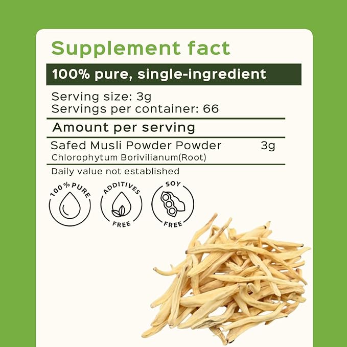 bixa BOTANICAL | Safed Musli Powder | Chlorophytum Borivilianum | Steam Treated Ayurvedic Root | Vegan | Non GMO | Clean Label | Strength and Vitality Support | 7 oz 200 g