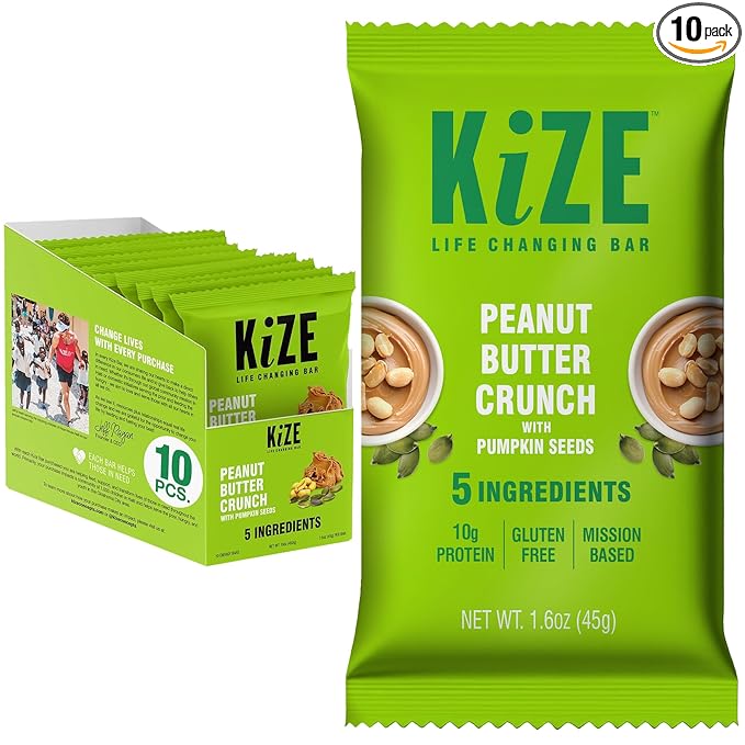 KiZE Energy Bars - Peanut Butter Crunch - Gluten Free Non-GMO and High Protein Meal Replacement Energy Bars Clean and Simple Food Ingredients - 10g High Protein Snacks (10 Count)