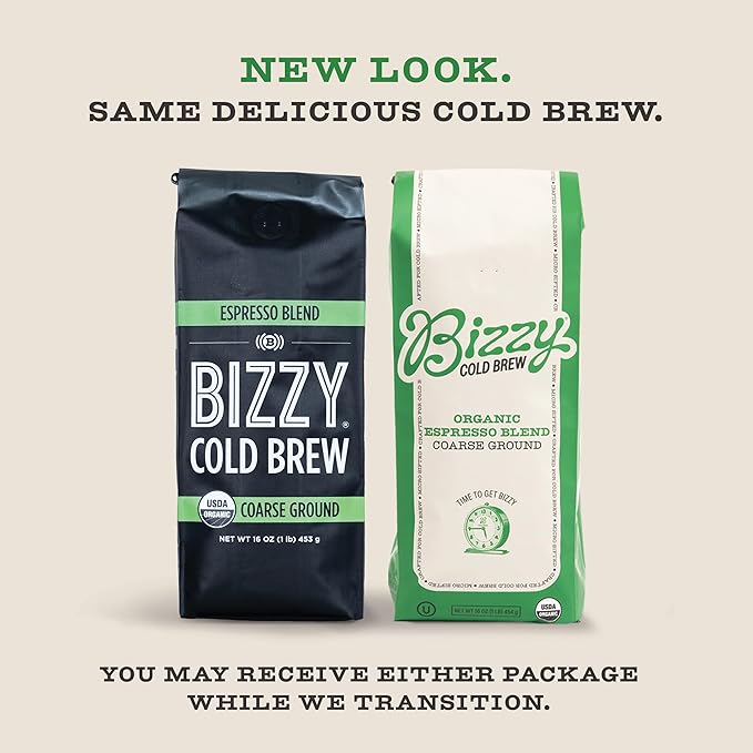 Bizzy Organic Cold Brew Coffee | Bundle | Coarse Ground Coffee | Espresso Blend 1 LB + Espresso Blend Brew Bags 4-count | 2 Pack