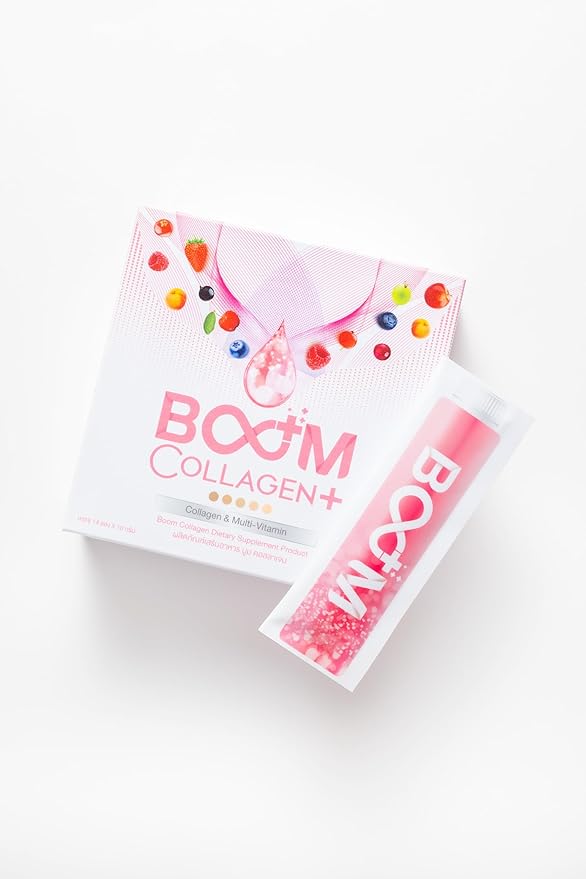 Generic BOOM COLLAGEN PLUS OVER 30 ANTIOXIDANTS- ANTI-AGING DRINK for BEAUTIFUL SKIN 14 SACHETS in BOX Pink/White