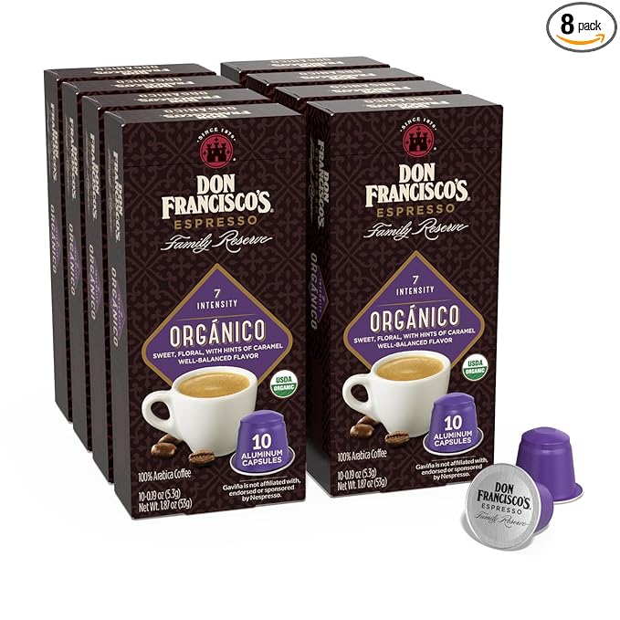 Don Francisco's Organico Espresso Pods: 80 Dark Roast Aluminum Capsules Intensity 7 Compatible with Nespresso Original Line Machines - Bold Cuban-Style coffee with Caramel Notes