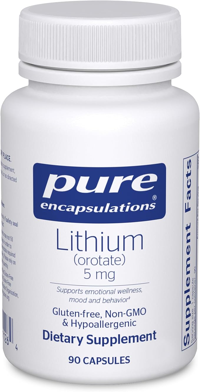 Pure Encapsulations Lithium Orotate 5 mg - Brain Support Supplement - with N-Acetyl-L-Cysteine (NAC) for Memory &amp Brain Behavior* - Gluten Free &amp Non-GMO - 90 Capsules