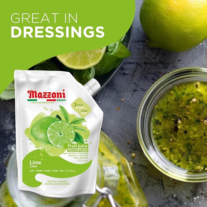 Mazzoni Real Lime Juice 100% Pure Just Lime Juice Not from Concentrate No Added Sugar or Ingredients 2.2 lbs (35.2 oz) Mixer for Cocktails Drinks Smoothies Convenient Pouch Made in Italy