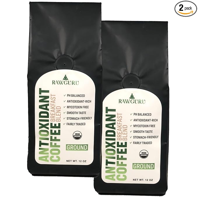 RawGuru Organic Antioxidant Coffee Breakfast Blend Gluten-Free Fairly Traded Shade Grown and Rainforest Alliance Certified Arabica Ground Coffee Pack of 2