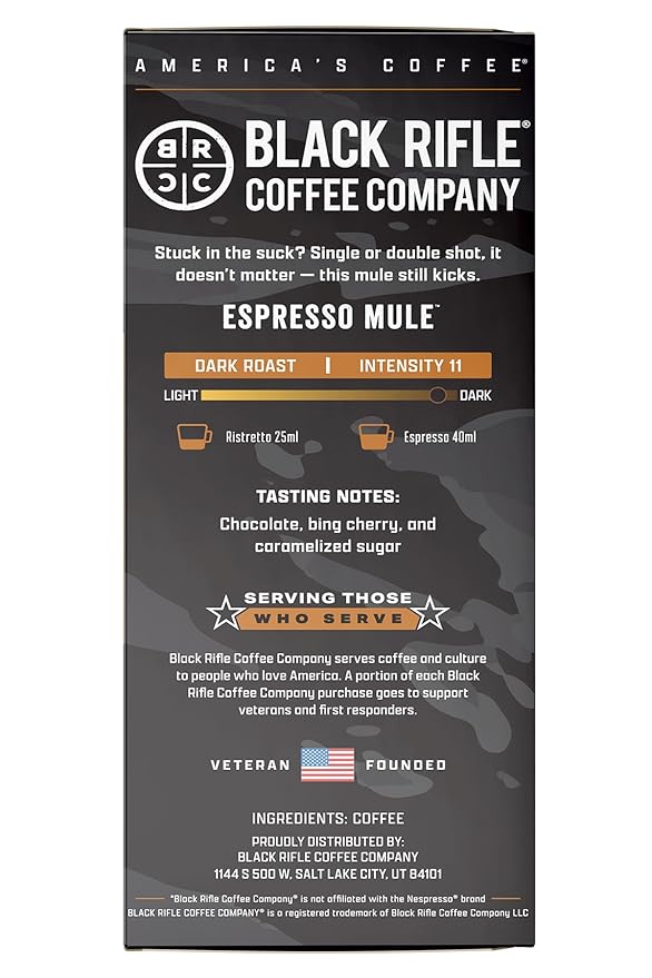 Black Rifle Coffee Company 30 Espresso Mule Capsules – Dark Roast Espresso Chocolate Bing Cherry &amp Caramelized Sugar espresso Compatible