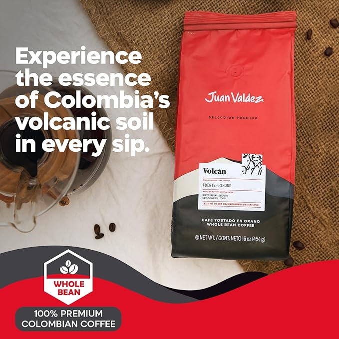 Juan Valdez Volcan Whole Bean Coffee - Dark Roast | 100% Colombian Arabica Beans | 100% Colombian Coffee with Low Acidity and Notes Of Sweet Caramel &amp Cocoa | 16 oz / 454 gr