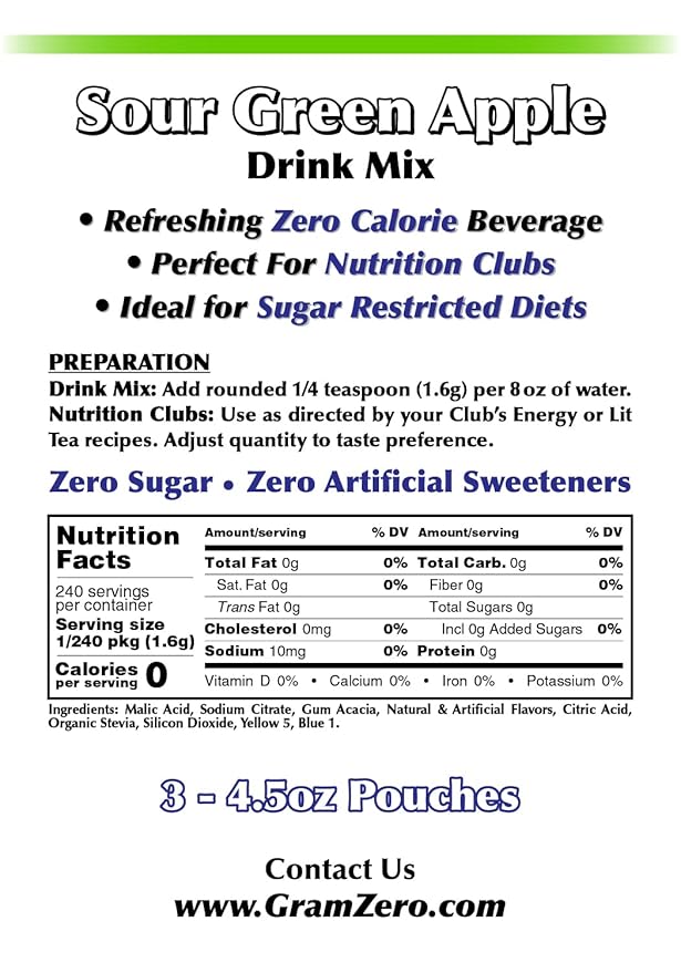 GramZero Sour Green Apple Zero Calorie Sugar Free Drink Mix Great For Nutrition Club Loaded Tea Stevia Sweetened