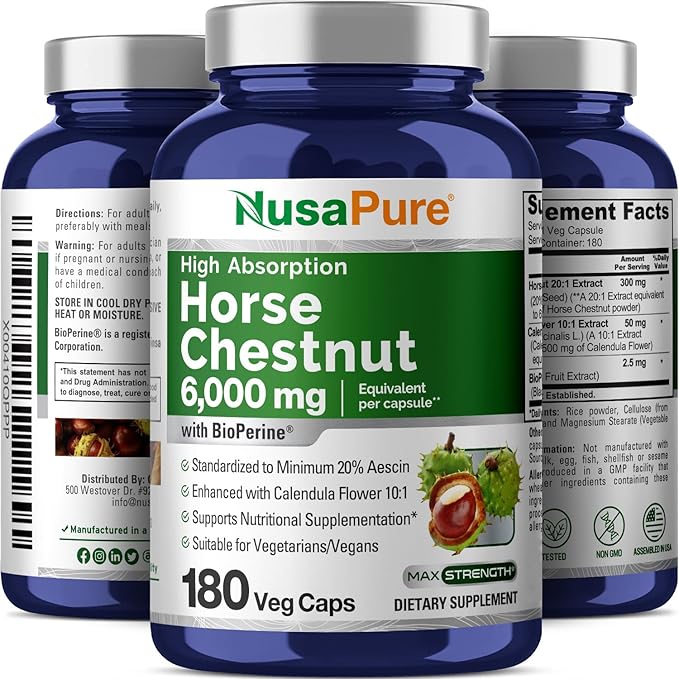 NusaPure Horse Chestnut 20:1 Extract 300 mg Equivalent to 6000mg 180 Veggie Caps Non-GMO Vegan BioPerine Calendula Flower