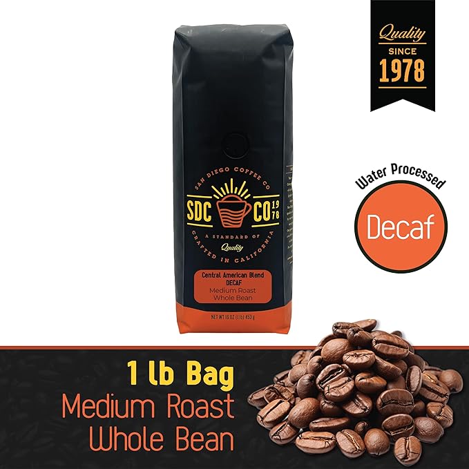 San Diego Coffee DECAF Central American Blend Medium Roast Whole Bean Coffee 16-Ounce Bag Café en grano tostado descafeinado