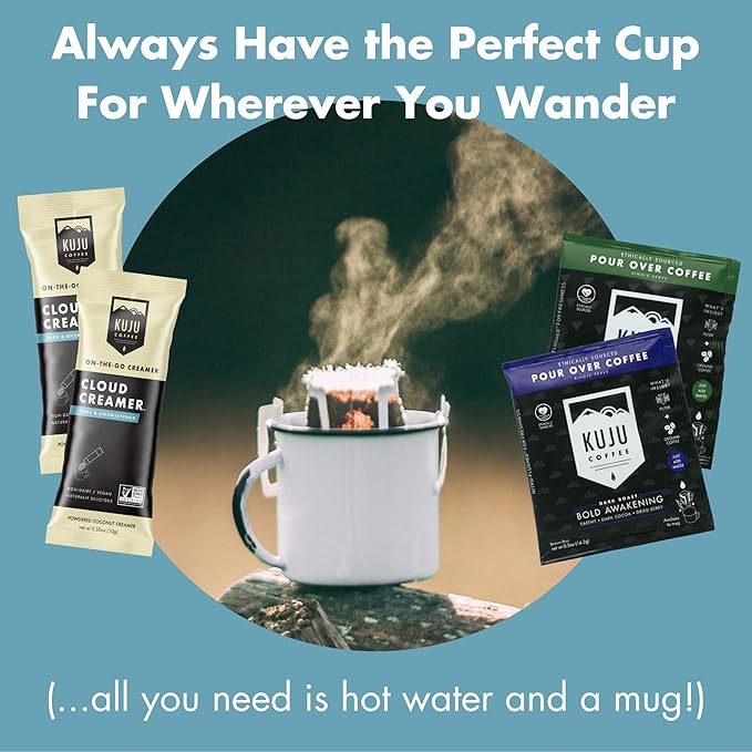 Kuju Coffee Premium Pour Over Individual Coffee Packets and Cloud Creamer Bundle - Backpacking Travel Camping Coffee Singles and Non Dairy Coconut Coffee Creamer Powderk (Basecamp Blend)