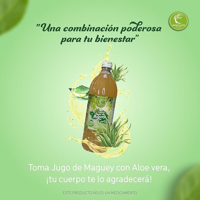 Maguey Juice with Aloe Vera 100% Natural Verde Santo | 1 Liter Bottle | Functional Plant-Based Drink | No Sugar | No Alcohol | Product of Mexico