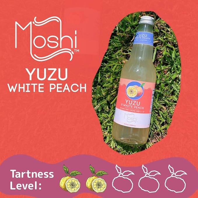 Moshi Yuzu Sparkling Drink Aromatic and Zesty Made with 100% Yuzu juice All-Natural Vegan Gluten-free No Artificial Preservatives/Coloring - 12 oz (6 Glass Bottles) - White Peach
