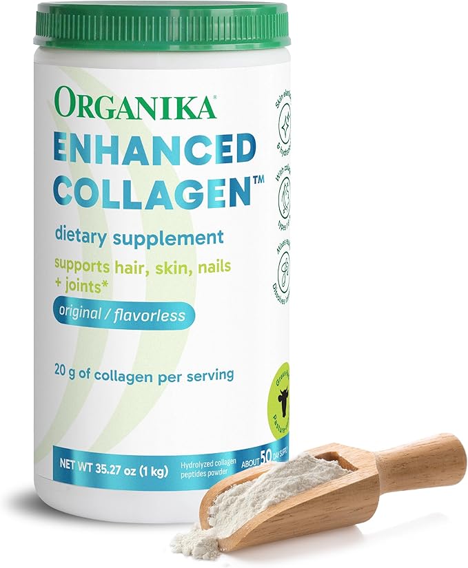 Organika Collagen Powder - for Healthy Hair Skin Nails and Joints. Hydrolyzed Protein Peptides for Better Absorption- Grass-Fed Non-GMO- Unflavoured- 2.2lbs