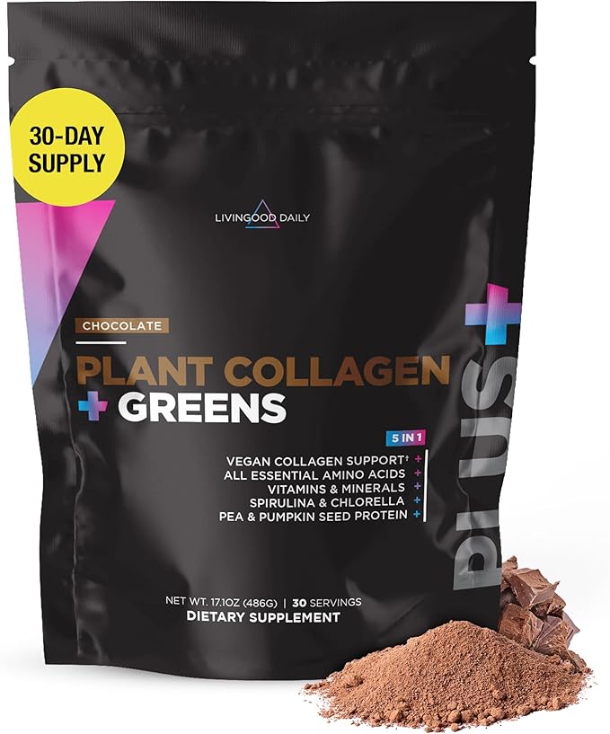 Livingood Daily Plant Collagen + Greens Powder Chocolate 5-in-1 Collagen Support with Pea Protein Amino Acids Spirulina Chlorella &amp Vitamin C Hair Skin Nails Support Vegan 30 Servings