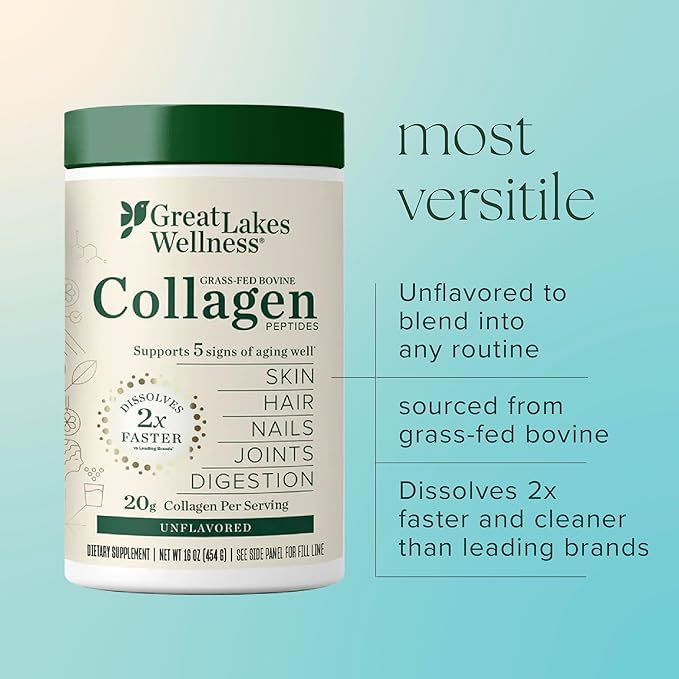 Great Lakes Wellness Collagen Peptides Powder – Supports Skin Hair Nails Joints &amp Digestion – Hydrolyzed Quick Dissolve Non-GMO Keto &amp Kosher – Pure Collagen Protein (32 oz 45 Servings)
