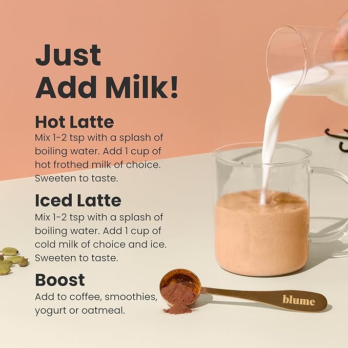 Blume Superfoods Latte - Vanilla Chai Blend with Black Tea Cardamon Cinnamon Low-Caffeine Low-Sugar Organic Keto Friendly Vegan Mushroom Blend- 25 Servings