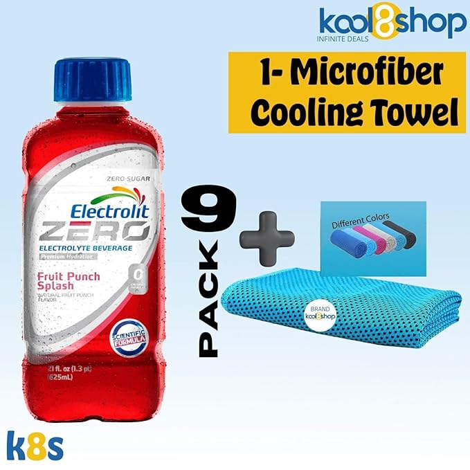 Electrolit Zero Fruit Punch Splash Hydration Drink with Electrolytes 21 fl oz Plastic Bottle 9 Pack + 1 Microfiber Cooling Towel by KOOL8SHOP Infinite Deals