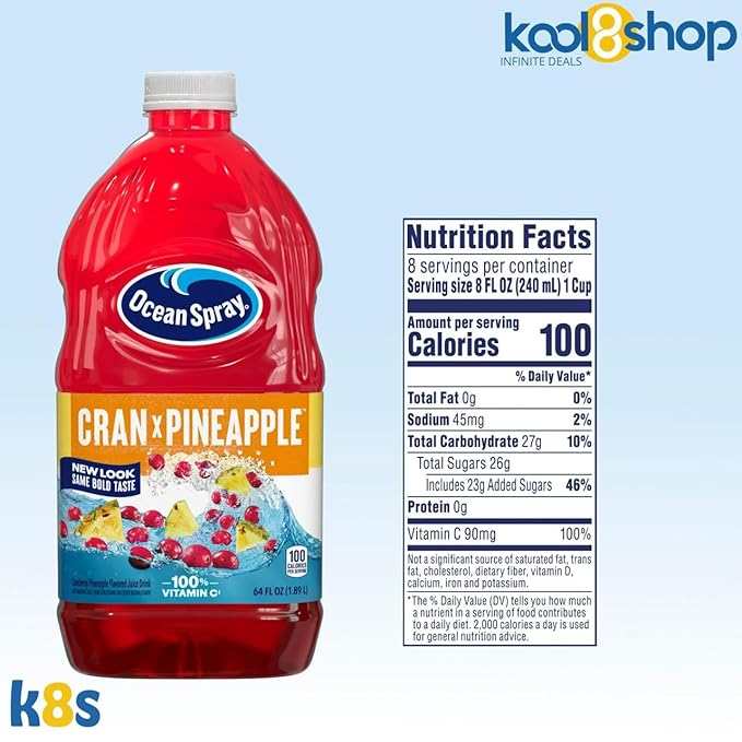 Ocean Spray Cran Pineapple Juice Drink 64 fl oz Plastic Bottle 4 Pack + 15 Sugarcane Disposable Straws by KOOL8SHOP Infinite Deals