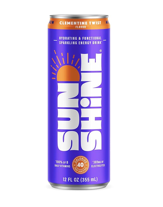 Sunshine Sparkling Energy Drink Clementine Twist with Daily Essential Vitamins 360mg of Electrolytes 70mg of Natural Caffeine 12 Fl Oz (Pack of 12)