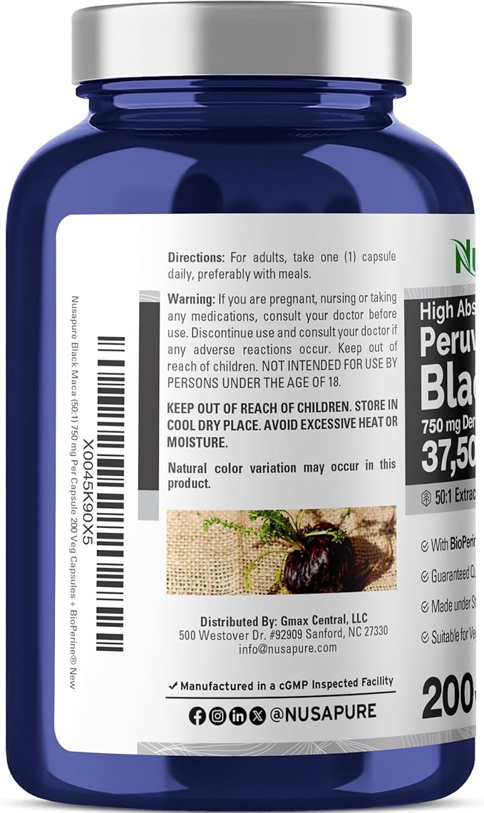 NusaPure Peruvian Black Maca Root Extract 50:1 - Suitable for Vegetarian/Vegan Non - GMO - 37500 mg - 200 Capsules