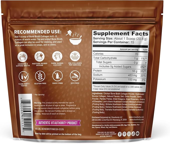Bone Broth Collagen Powder 16g Collagen Protein per Serving Supports Joints Skin Nails &amp Gut Health Made from Real Beef Bone Broth Savory Collagen for Soups &amp Stews Mushrooms Herb Flavored 15